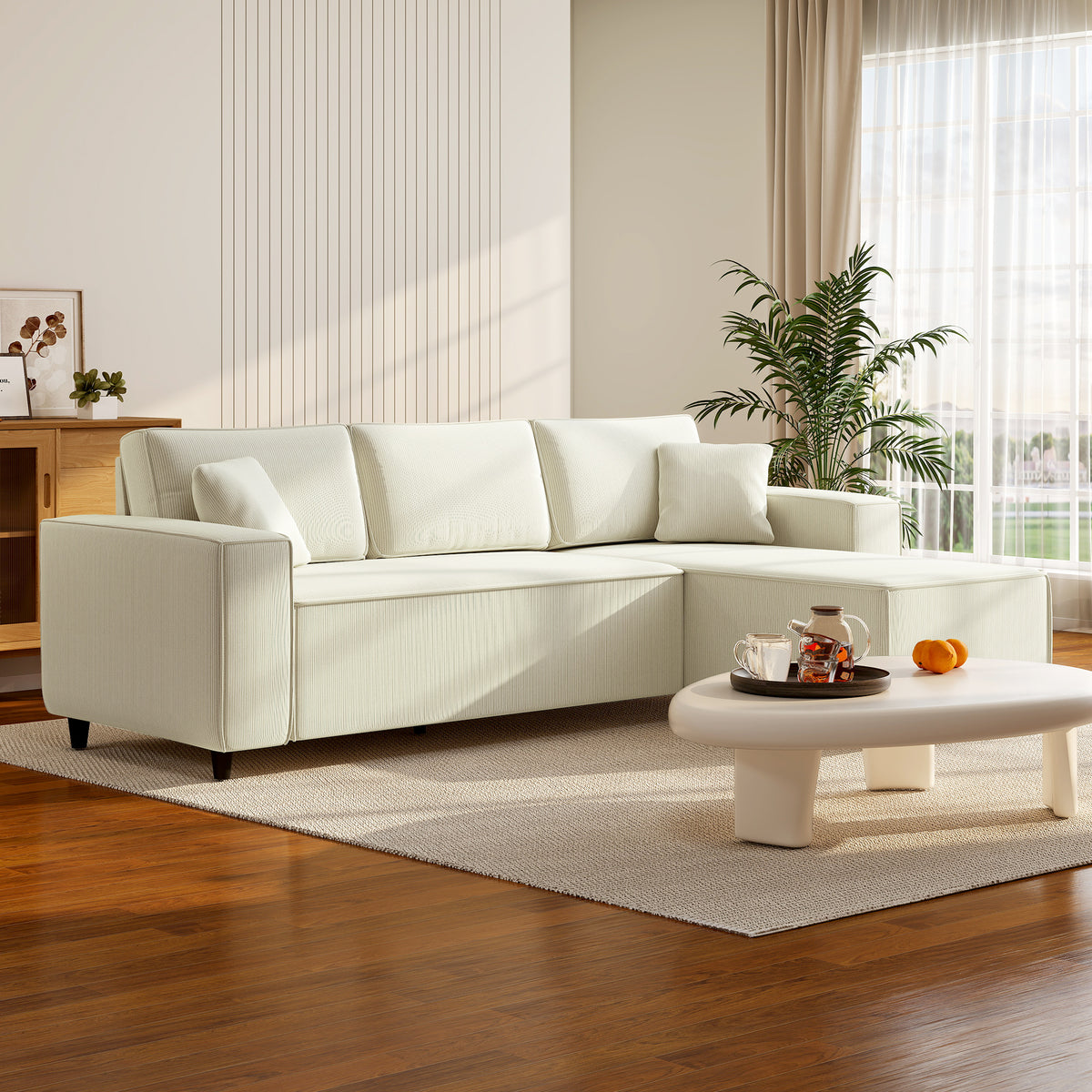 Canapé d'angle réversible 3 places moderne avec coussins inclus, tissu velours côtelé, crème-9