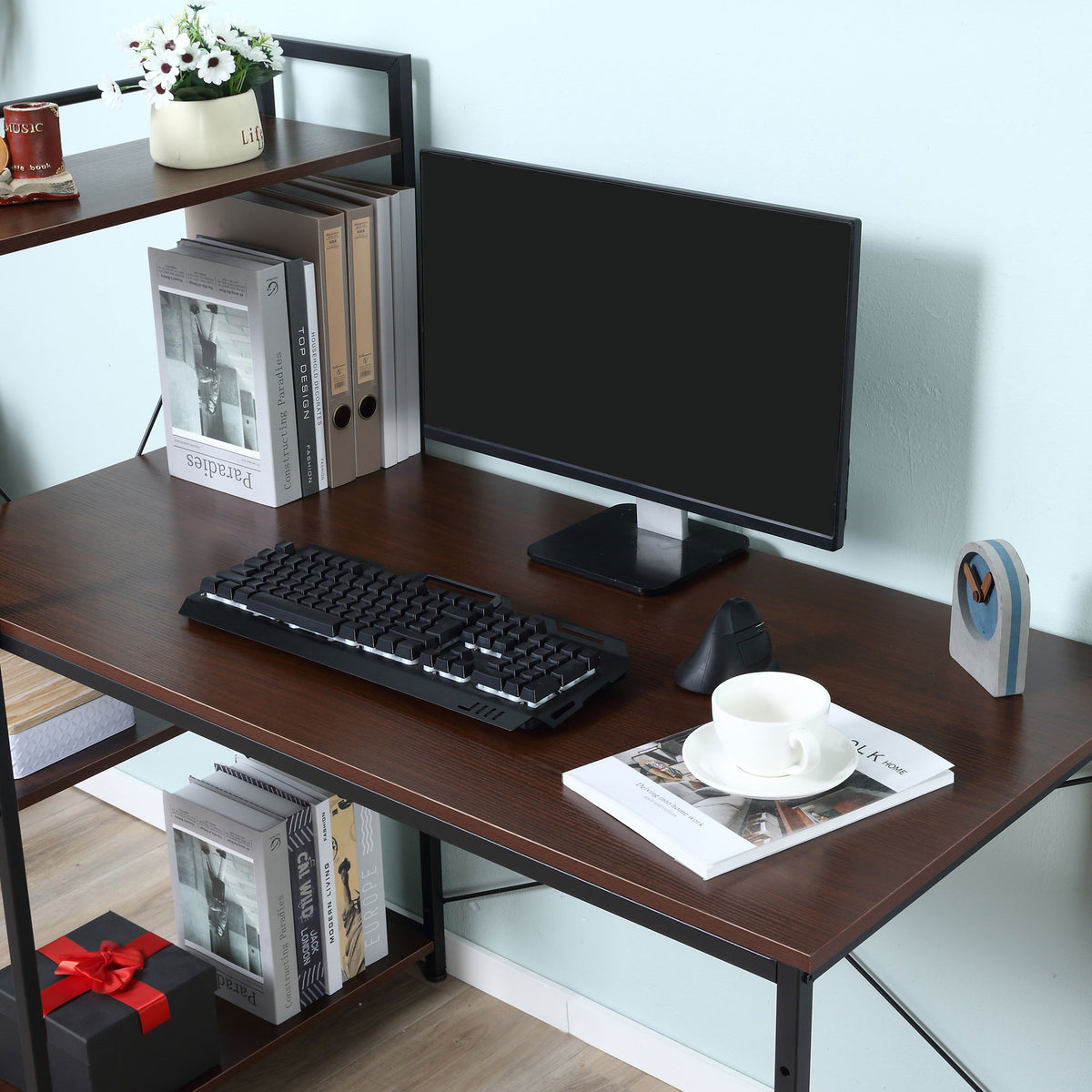 Bureau d'angle avec rangement design Industriel avec bibliothèque 3 étagères panneaux particules aspect noyer-8