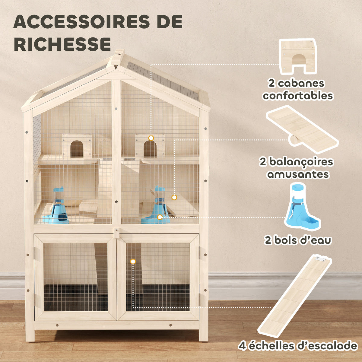 Cage Hamster 3 Étages en Bois avec Bac Amovible, Couvercle Ouvrant, Bascule, Cabane, Fenêtre, 68x61,5x90cm, Naturel-4
