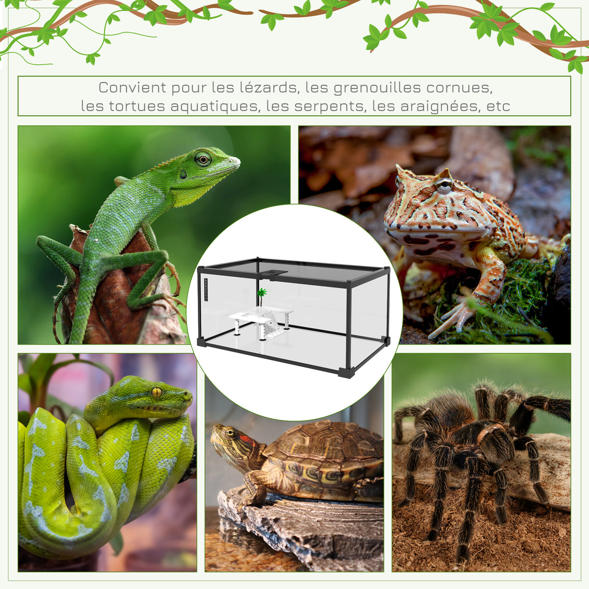 Aquarium pour Tortues avec Plateforme de Repos, Couvercle Coulissant en Filet, Thermomètre, 50x30x25cm, Blanc-6