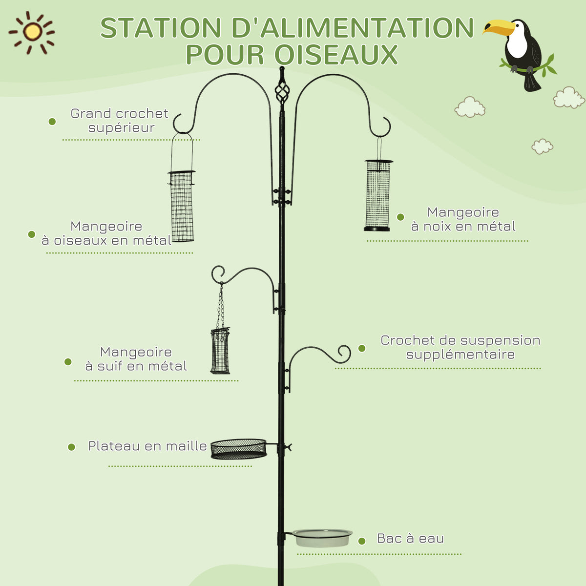 Station d'alimentation pour oiseaux en acier, mangeoir à oiseaux sur pied 208H cm avec 4 crochets, noir-3