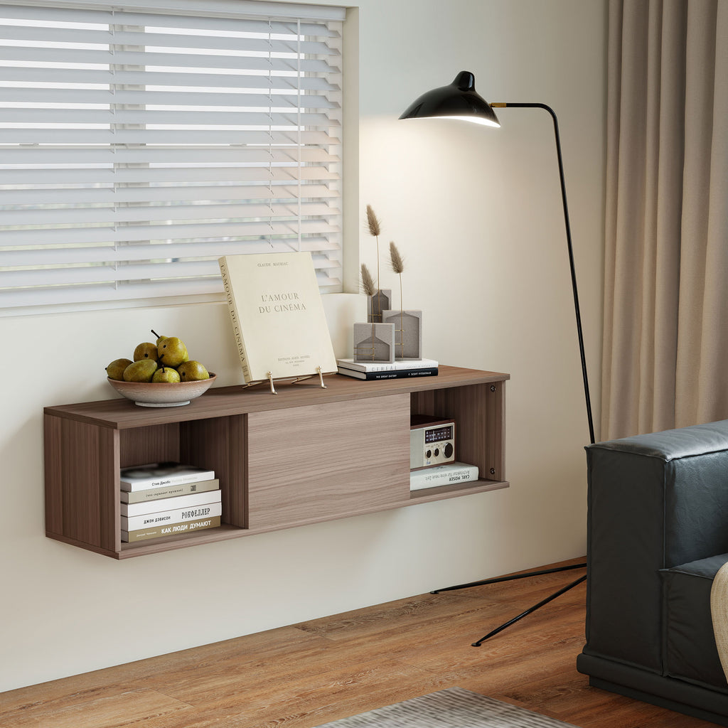 Meuble TV suspendu, Armoire murale avec 2 compartiments ouverts et porte rabattable, 120 x 30 x 29,5 cm, marron-8