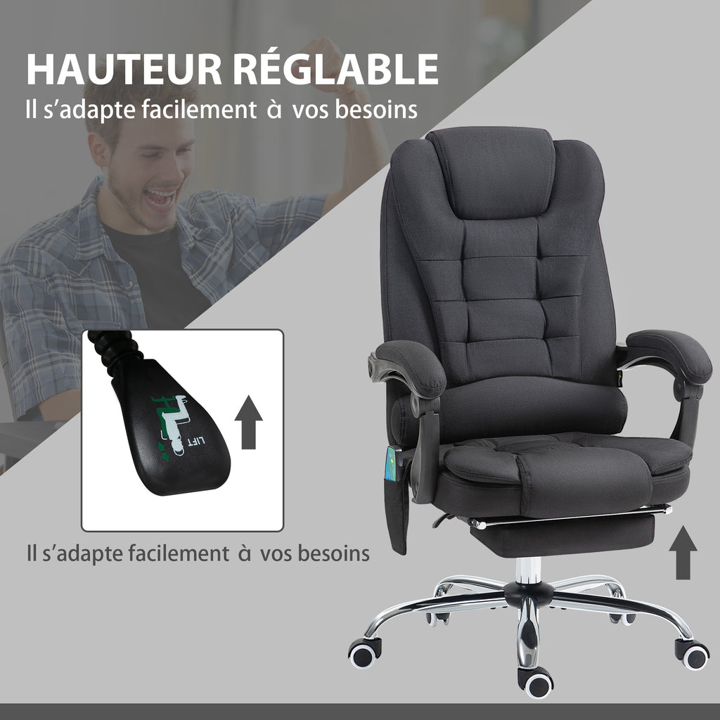 Fauteuil de bureau direction massant chauffant hauteur réglable dossier inclinable toile de lin noir-5
