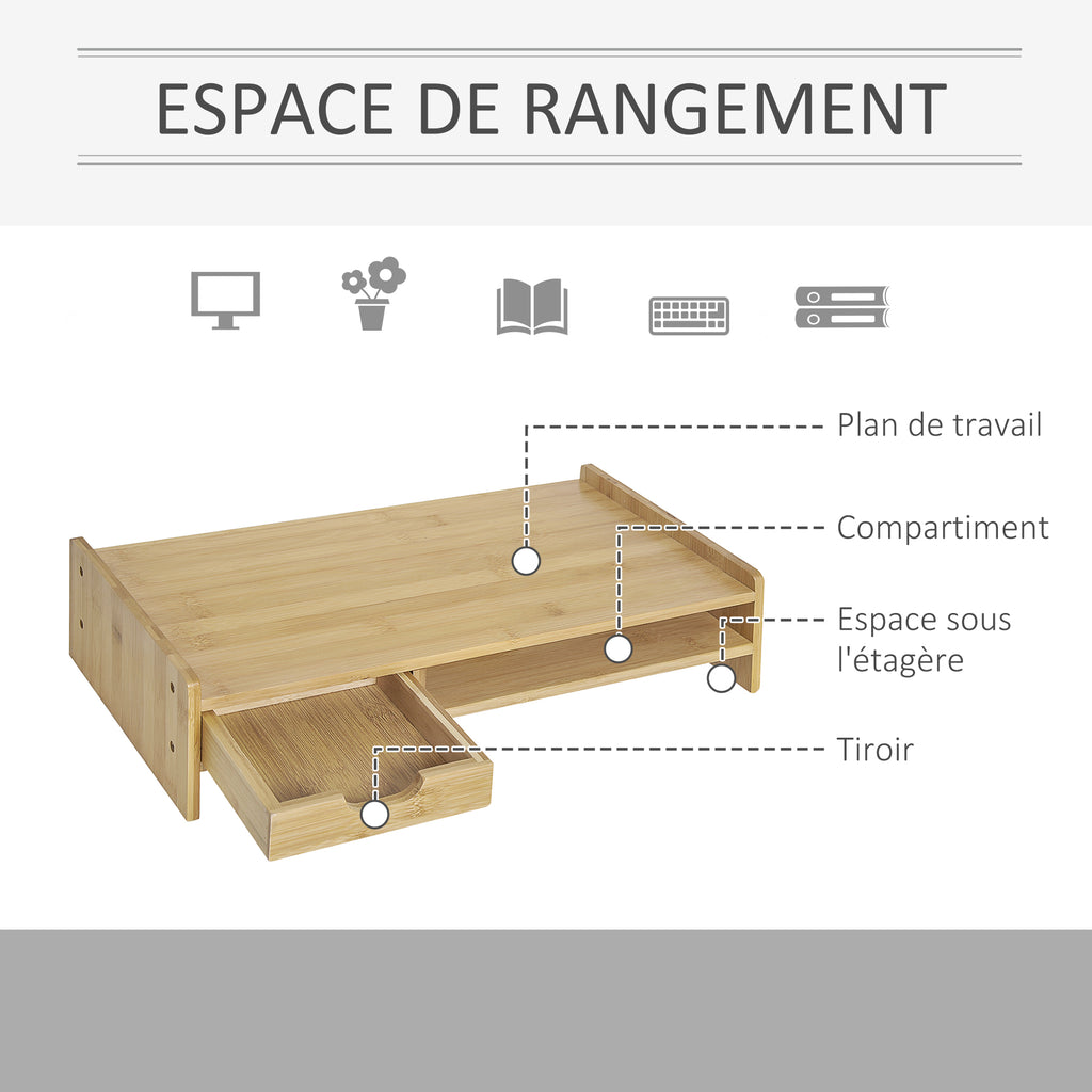 Support d'écran, Ordinateur portable Socle TV Ordinateur de bureau Organisateur avec tiroir Bambou-4