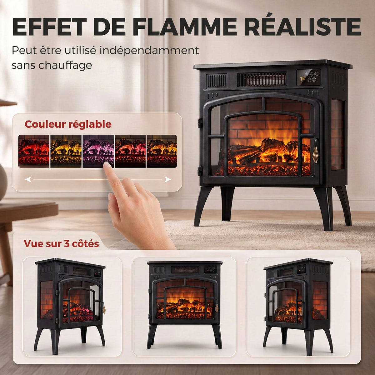Cheminée Électrique Effet Flamme 3D Multicolore 1000W/2000W, Thermostat Réglable, Contrôle par Appli et Voix, Noir-3