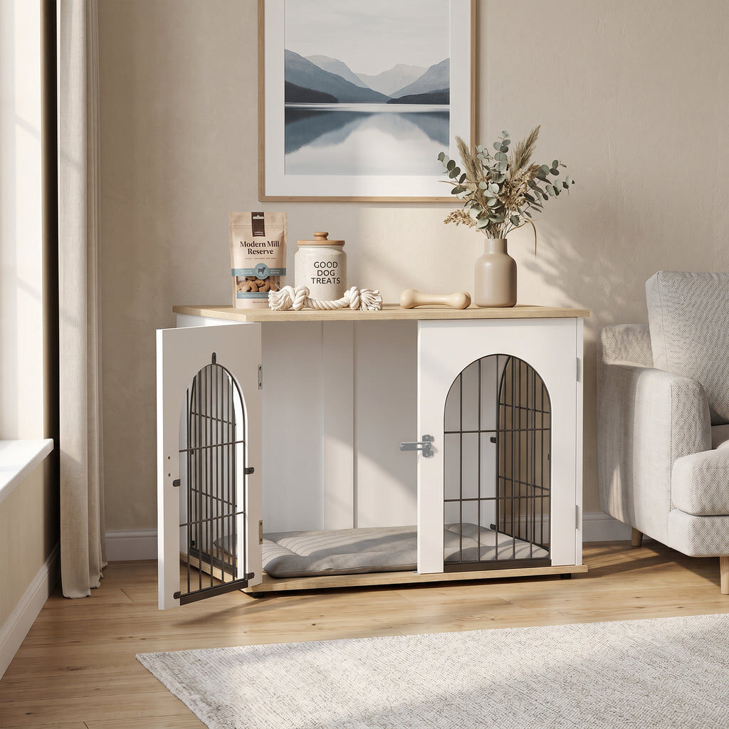Cage pour Chien Meuble Cage Chien Intérieur Arche avec Double Porte comme Table d'Appoint en Métal 80x56x59cm Blanc-1