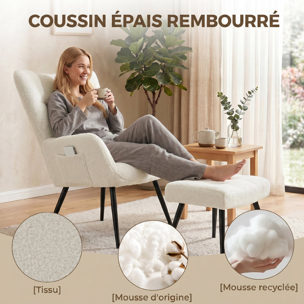 Fauteuil de Salon avec Repose-Pied, Fauteuil d'Appoint Capitonné en Peluche Teddy, Dossier Haut, Poches Latérales, Beige-4