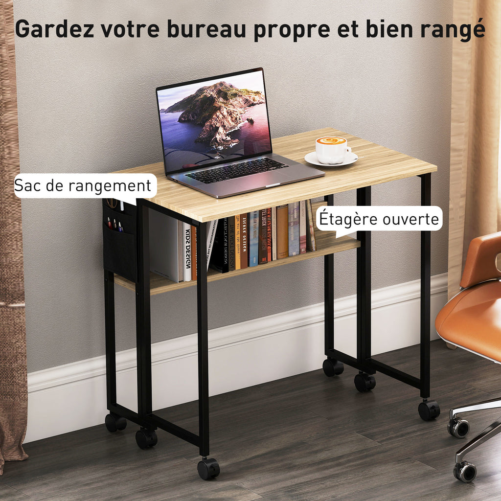Bureau pliable sur roulettes 80 x 50 cm avec étagère et sac de rangement, chêne-4