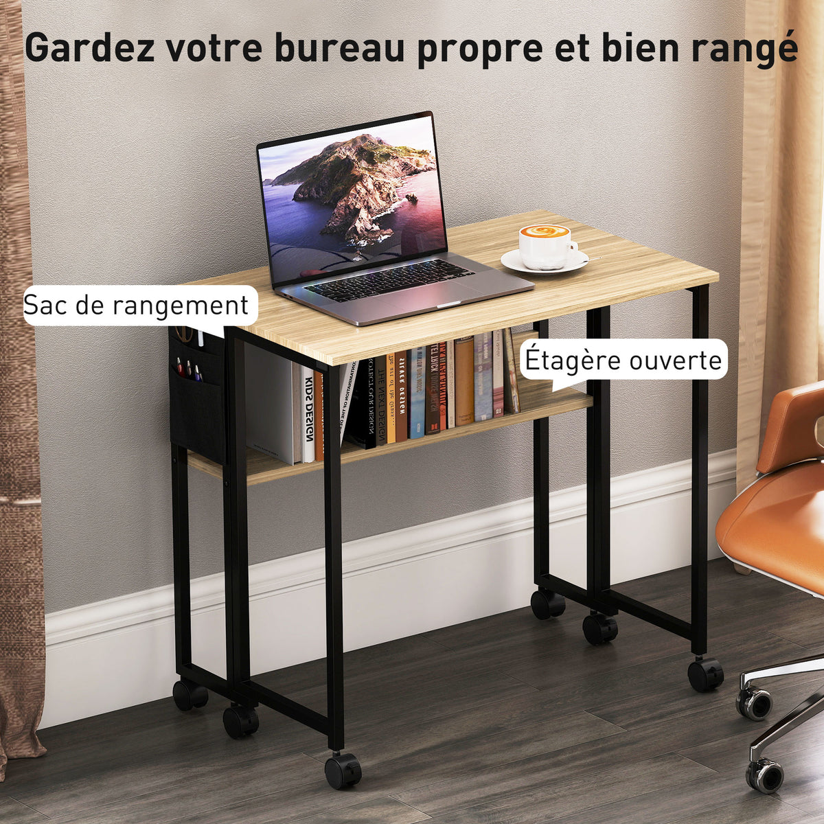 Bureau pliable sur roulettes 80 x 50 cm avec étagère et sac de rangement, chêne-4