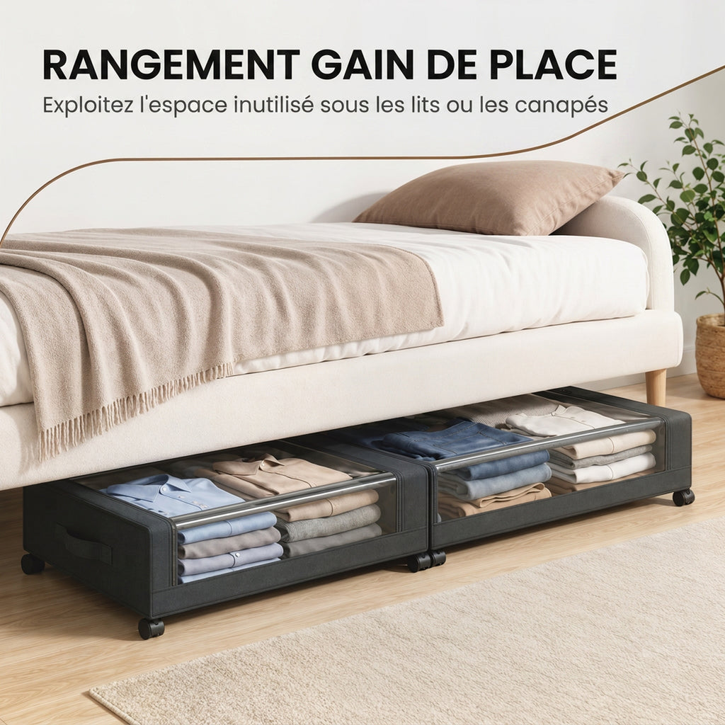 Boîte de Rangement sous Lit à Roulettes, Lot de 2, 40L, Fermeture Éclair, Cadre en Acier, Poignées, 78x44x16cm, Noir-3