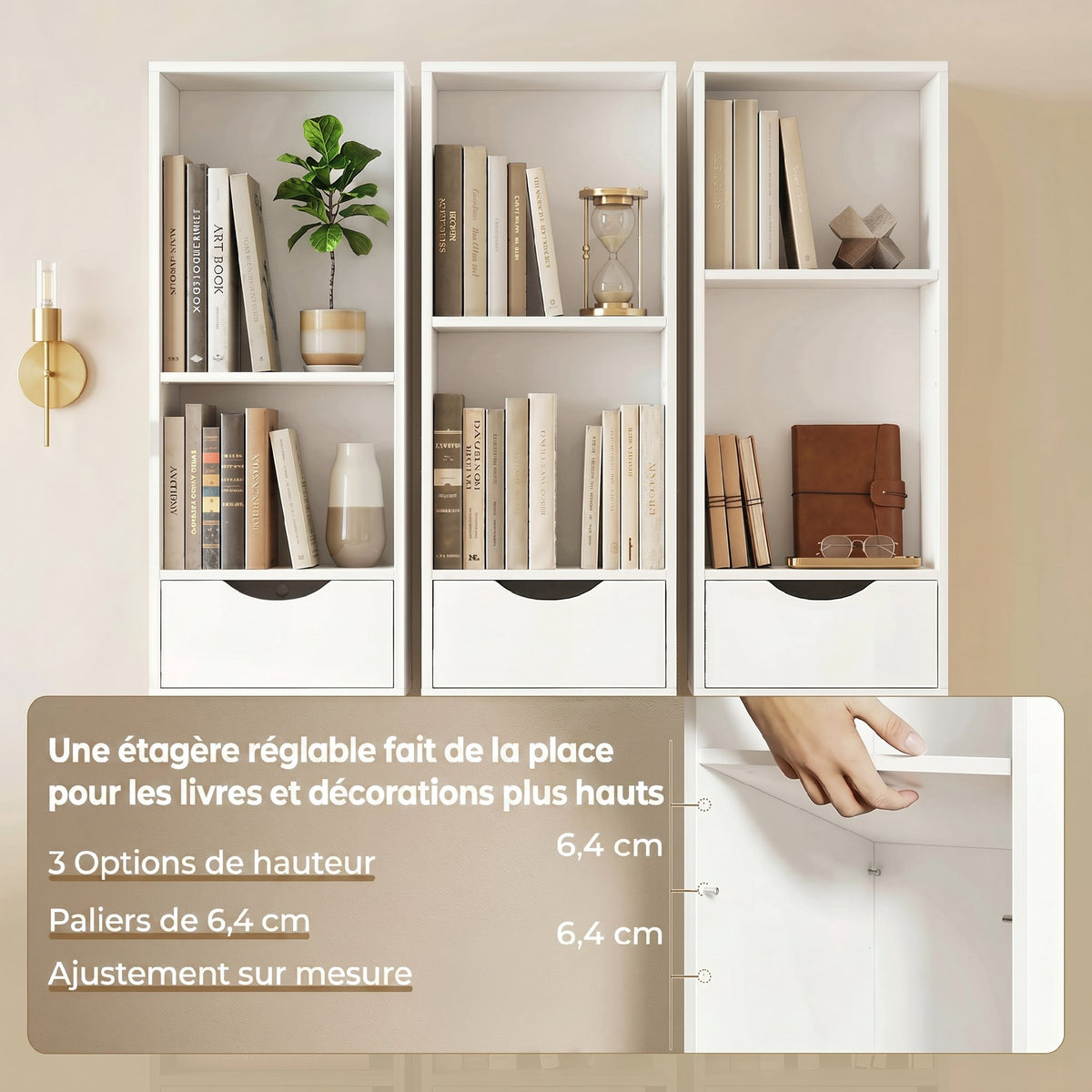 Bibliothèque étagère de rangement avec porte, 2 tiroirs, compartiments ouverts et étagère réglable, 30x24x158cm, blanc-5