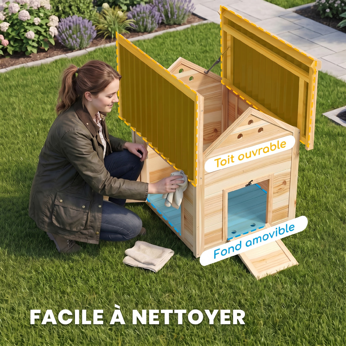 Poulailler en bois pour canards abri pour canards toit ouvrant double porte 78 x 90 x 92 cm effet bois naturel-3