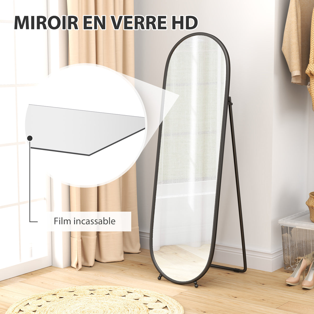 Grand miroir sur pied, miroir ovale, cadre en métal noir, avec support pour entrée, chambre, dressing, 40 x 160 cm-4