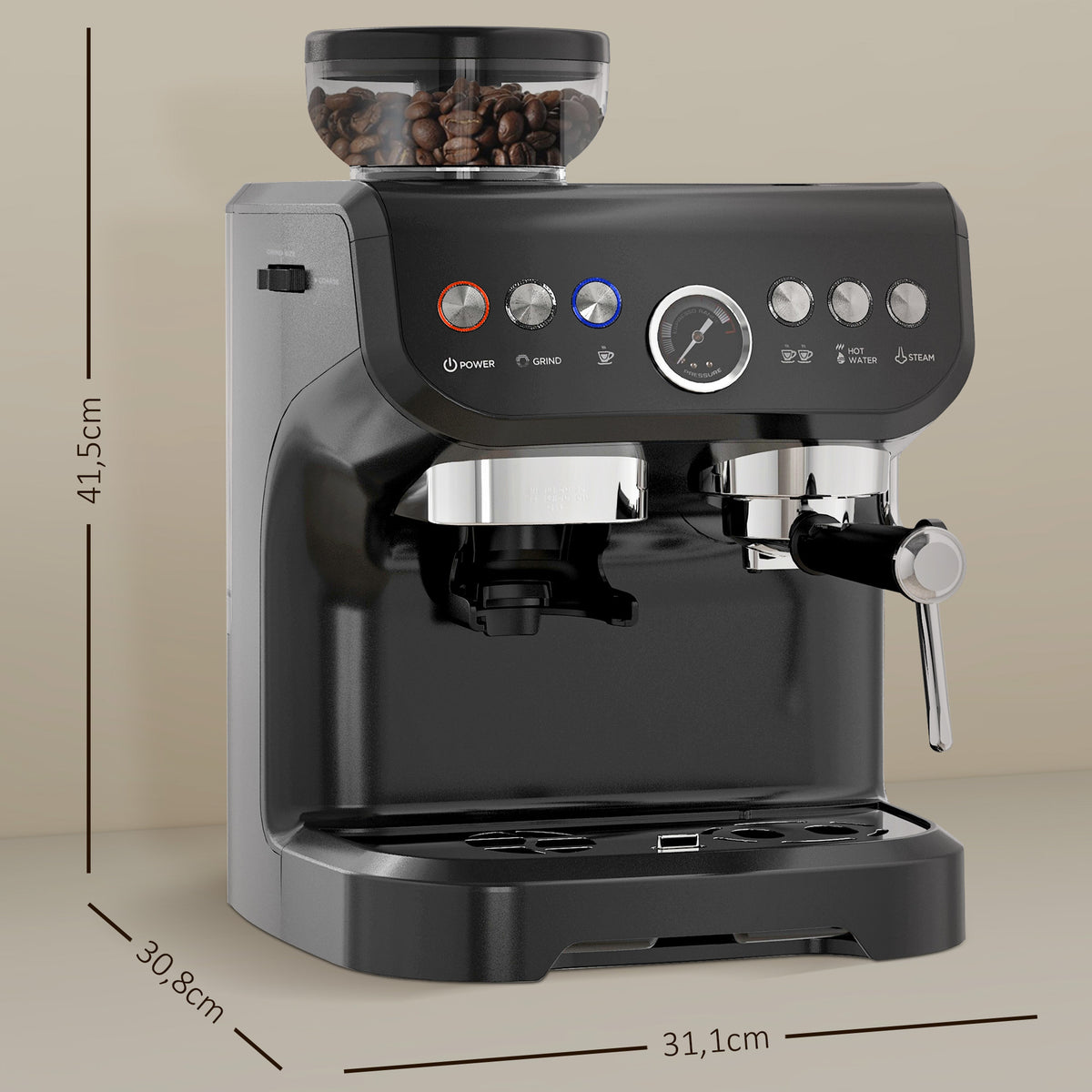 Machine à expresso 1600W avec moulin à grains, buse vapeur, pompe italienne 15 bars, réservoir d'eau 2 L, noir-2