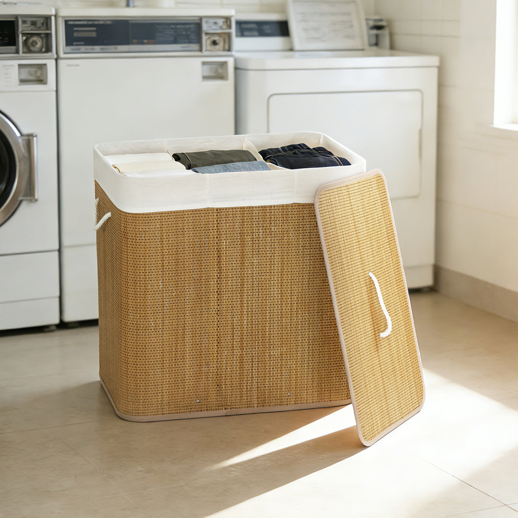 Panier à linge à trois compartiments avec couvercle, panier à linge en bambou 144 L avec poignées en corde-1