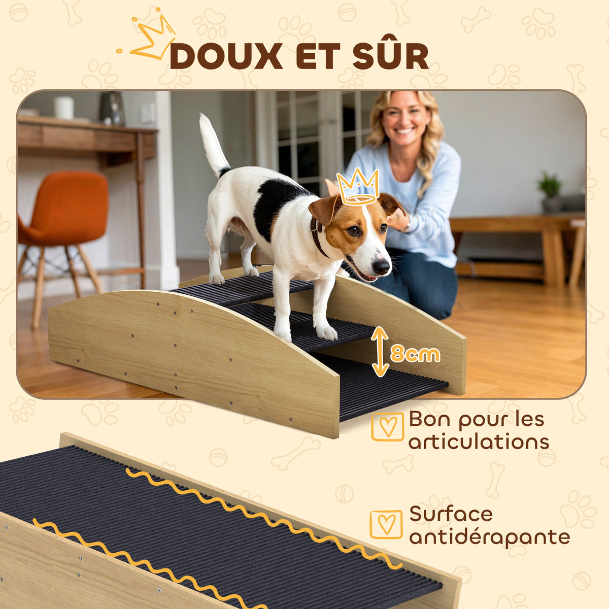 Bascule Chien Agility Réversible 2-en-1 Escalier pour Chien 3 Marches en Bois 80x39,5x20cm, Bois Naturel-4