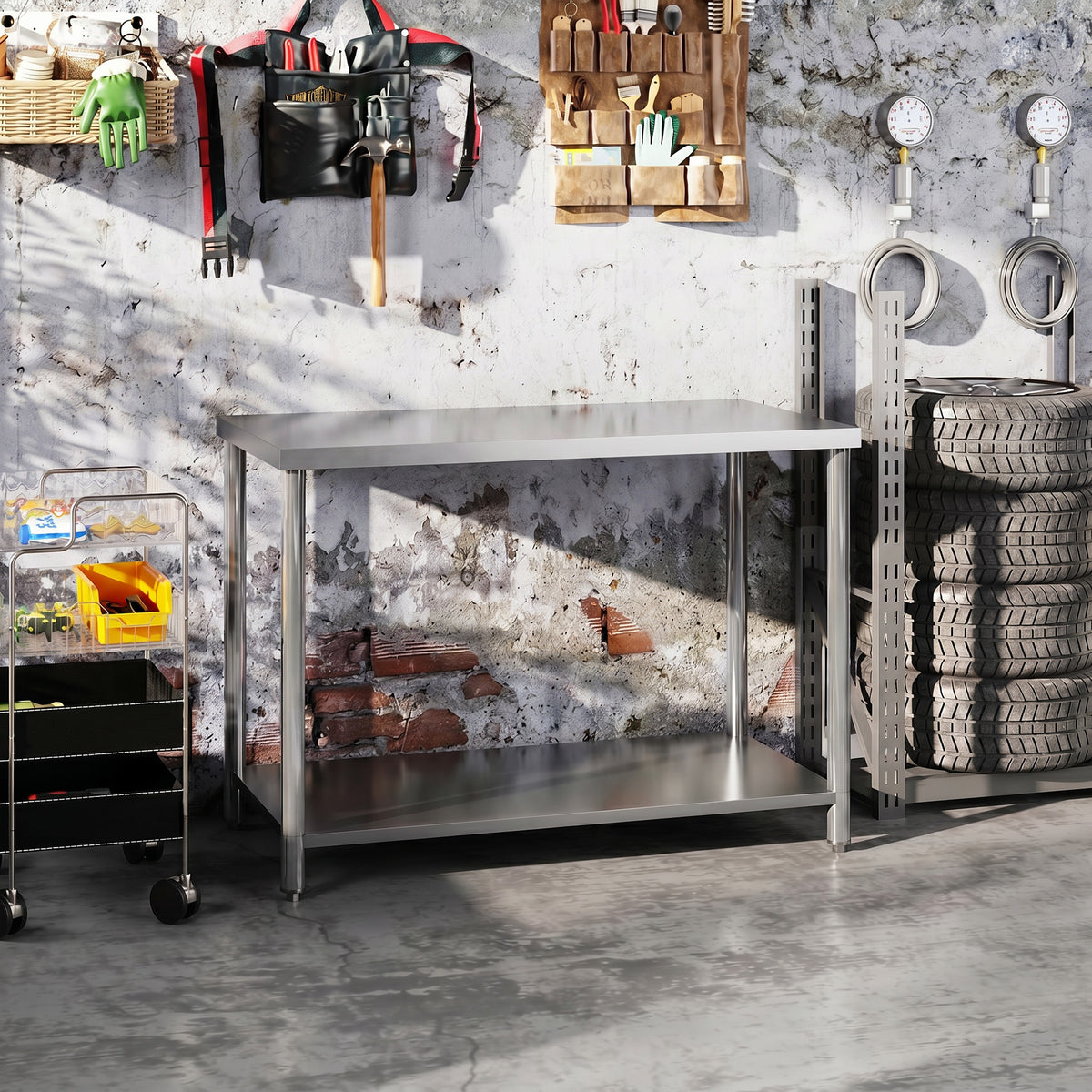 Table de travail, établi d'atelier en acier inoxydable 2 étagère, pour atelier, garage, hangar, 120x60x86cm, argenté-1