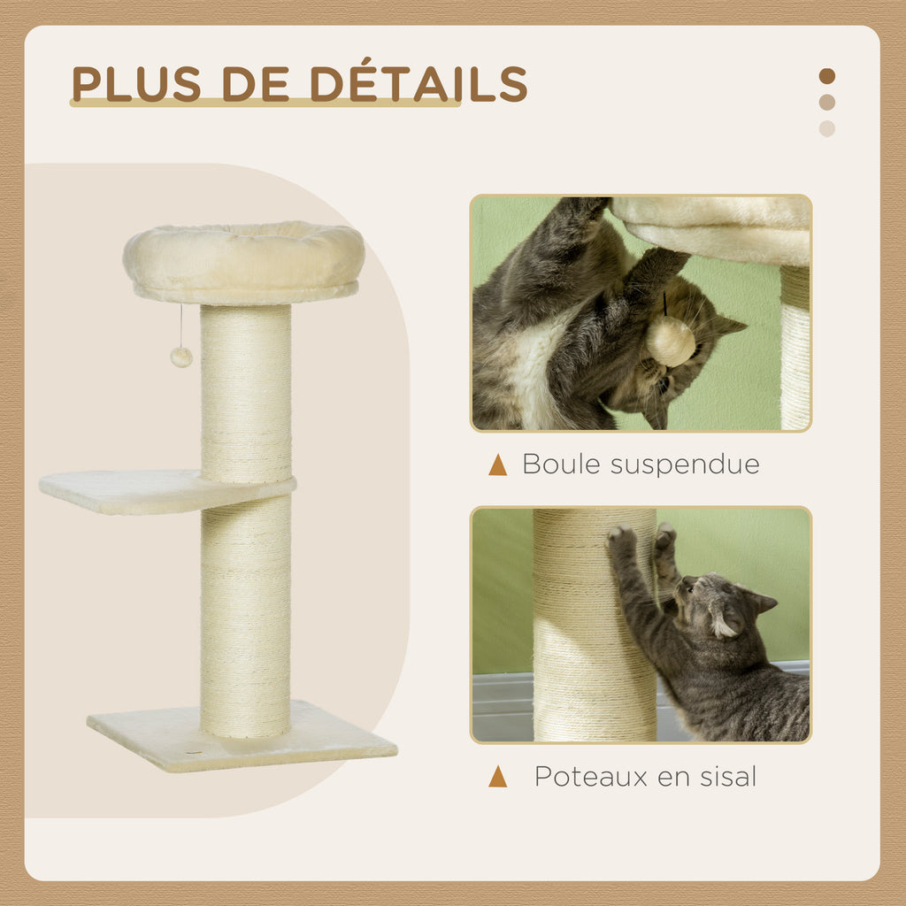 Arbre à chat griffoir sisal naturel 2 plateforme panier observation jeu boule suspendue peluche beige-4