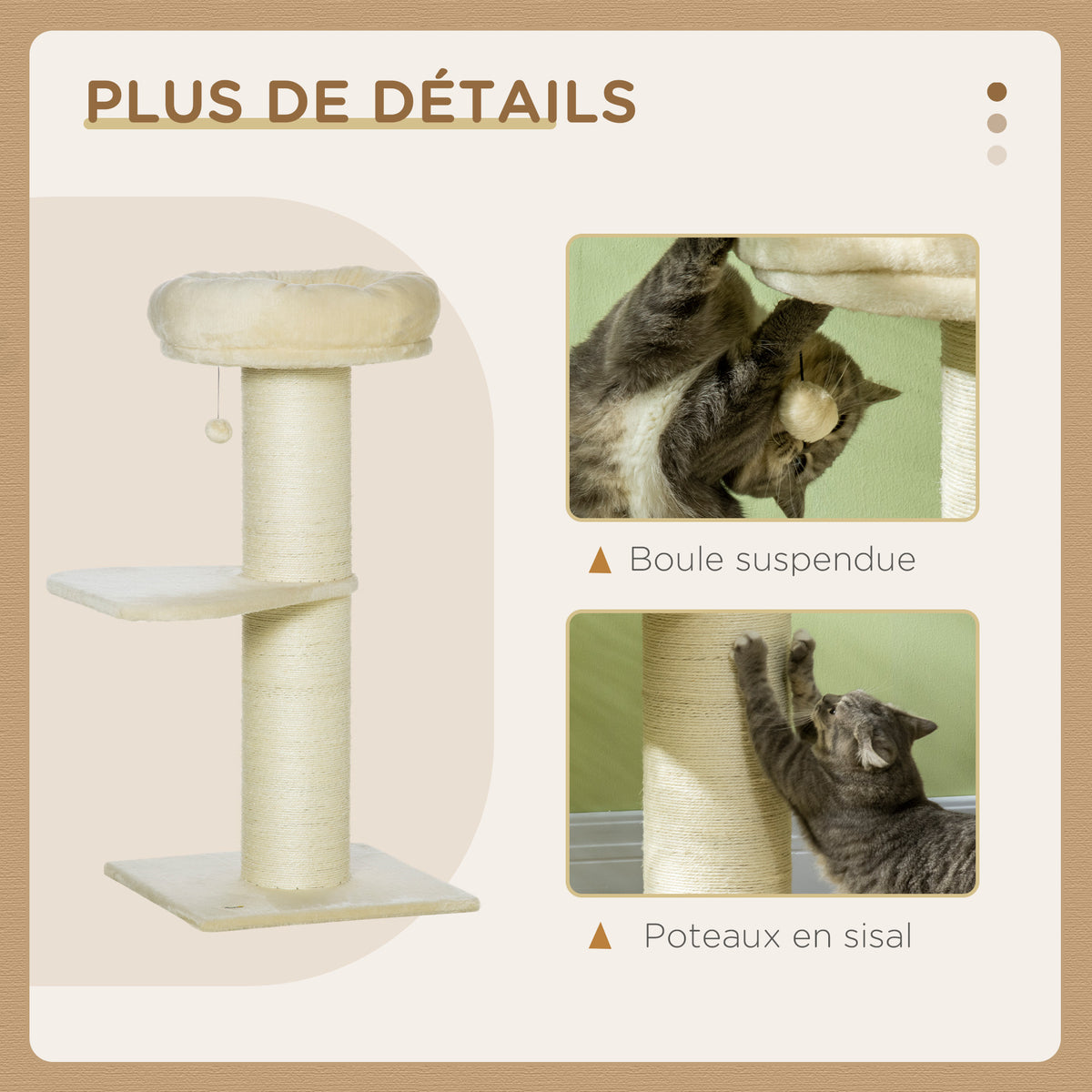 Arbre à chat griffoir sisal naturel 2 plateforme panier observation jeu boule suspendue peluche beige-4