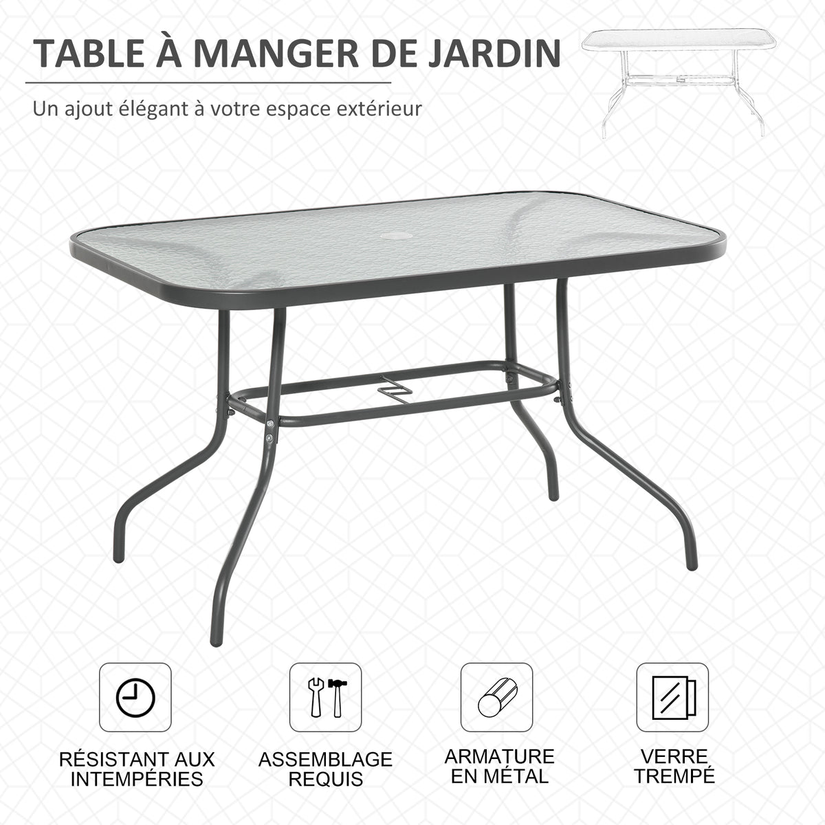 Table de Jardin rectangulaire dim. 120L X 80l x 70H cm métal époxy Gris Plateau Verre trempé-5