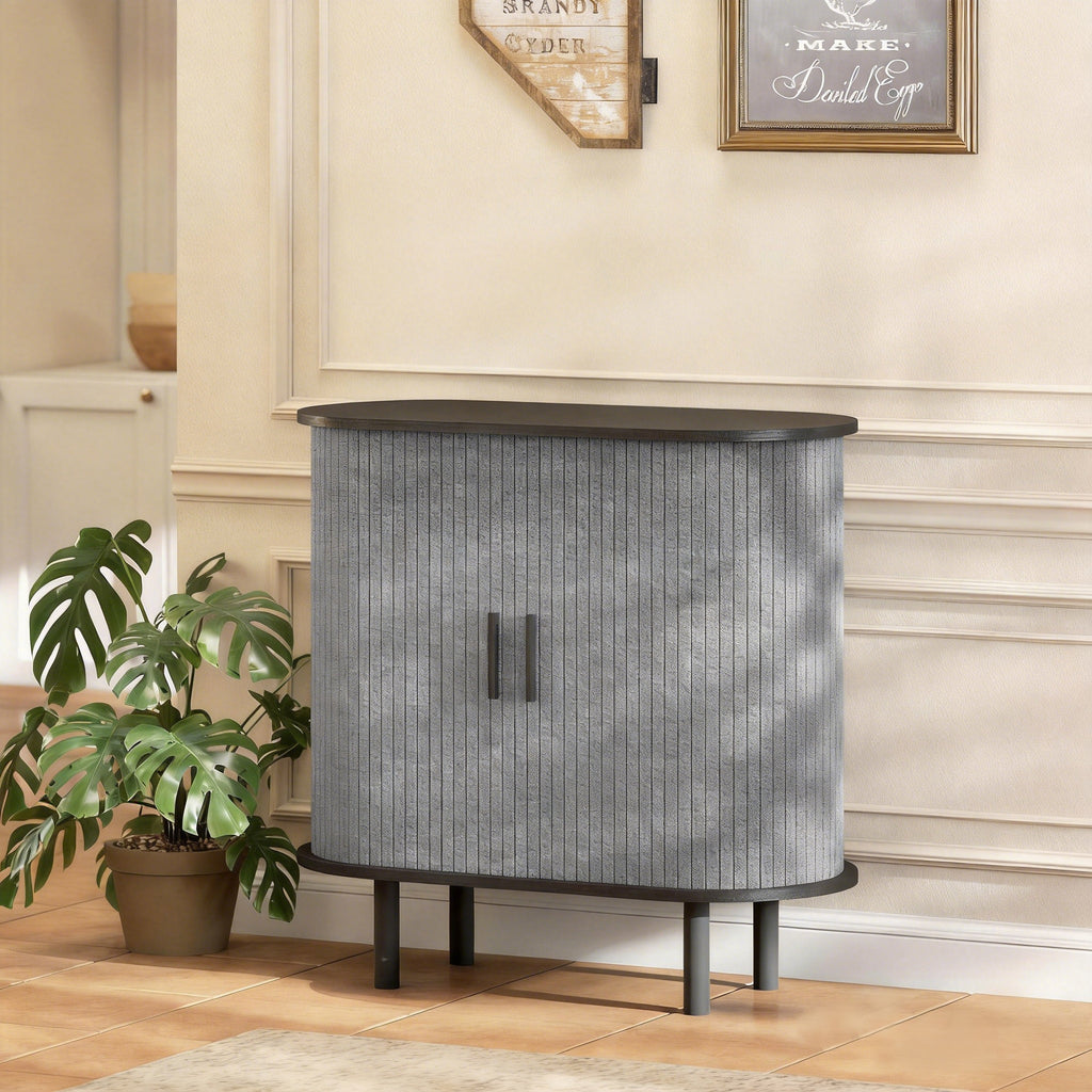 Buffet salon, meuble de rangement ovale avec 2 portes coulissantes et 2 compartiments, 80 x 40 x 78 cm, gris-1