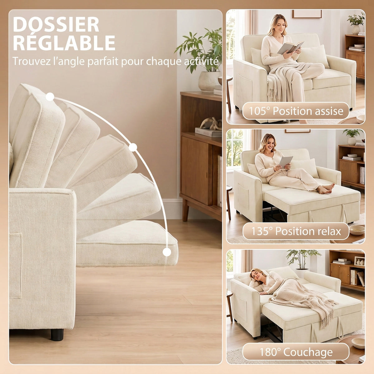 Canapé Convertible 2 Places 3 en 1, Canapé-Lit Clic Clac en Chenille 142 cm, Dossier Réglable, 2 Oreillers, Beige-4