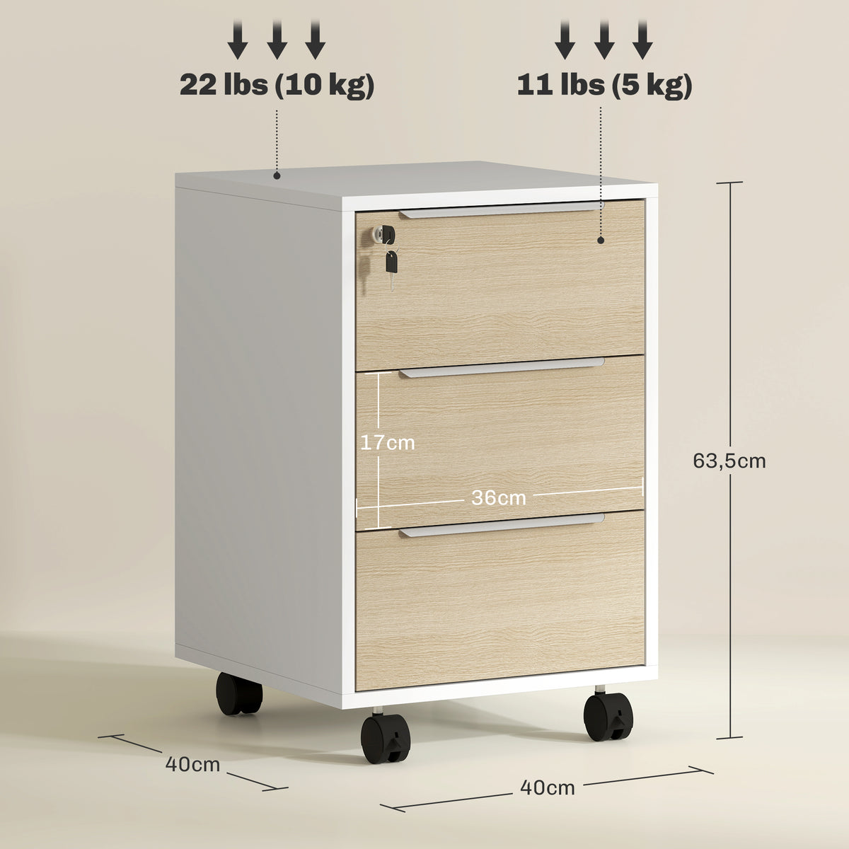 Caisson de bureau à roulettes avec 3 tiroirs et serrure, meuble rangement bureau sur roulettes, 40 x 40 x 63,5 cm, chêne-2