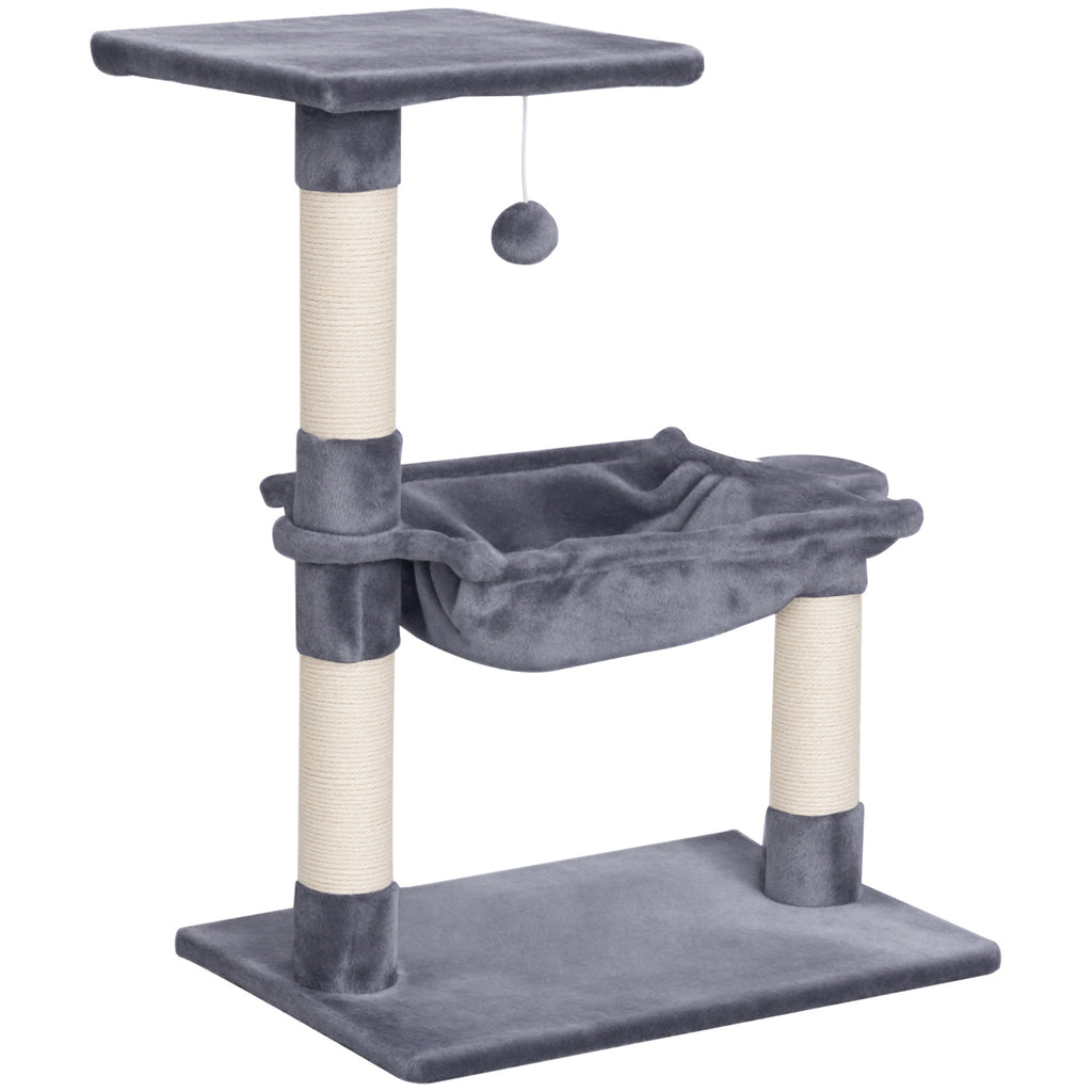 Arbre à chat 3 griffoirs grattoirs sisal naturel plateforme hamac et boule suspendue dim. 50L x 36l x 70H cm peluche courte gris-0