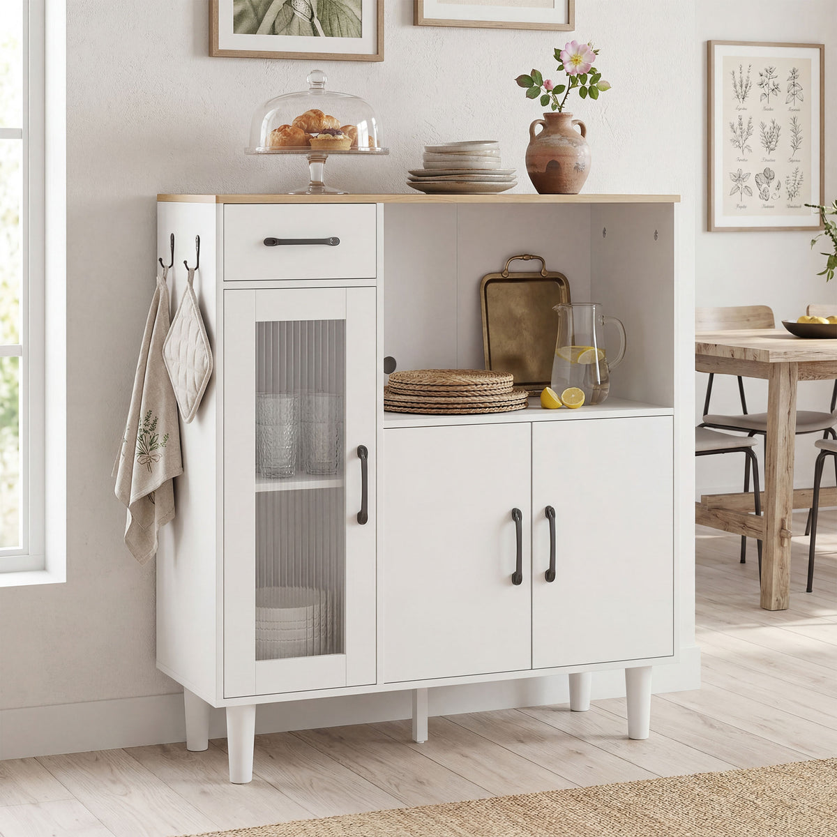 Buffet cuisine, meuble de rangement avec tiroir, 3 portes dont 1 en acrylique cannelée, étagère ouverte, blanc et chêne-9