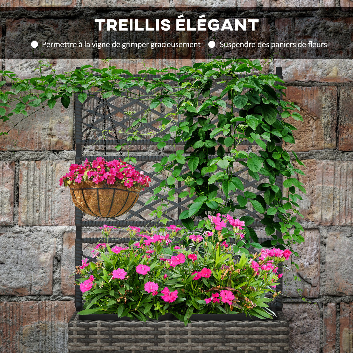 Jardinière pour plantes avec treillis 2 bacs à plante 22L en résine tressée et acier galvanisé 57 x 30 x 107 cm gris-5