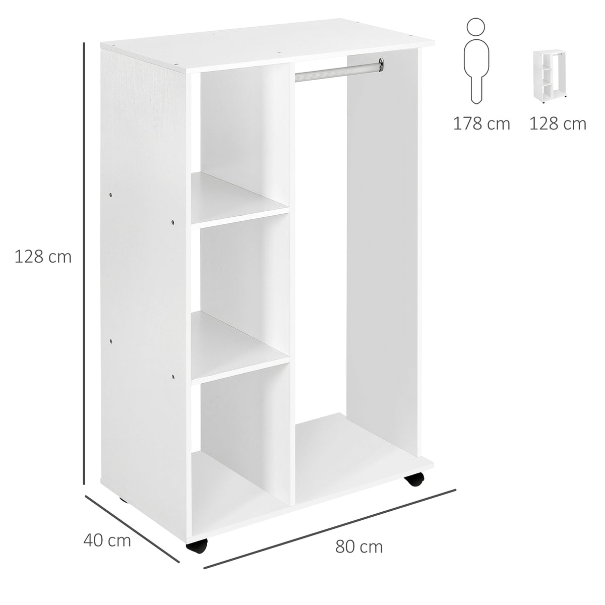 Portant à vêtements penderie Mobile avec roulettes 3 étagères latérales + Grand Espace penderie Panneaux Particules Blanc-2