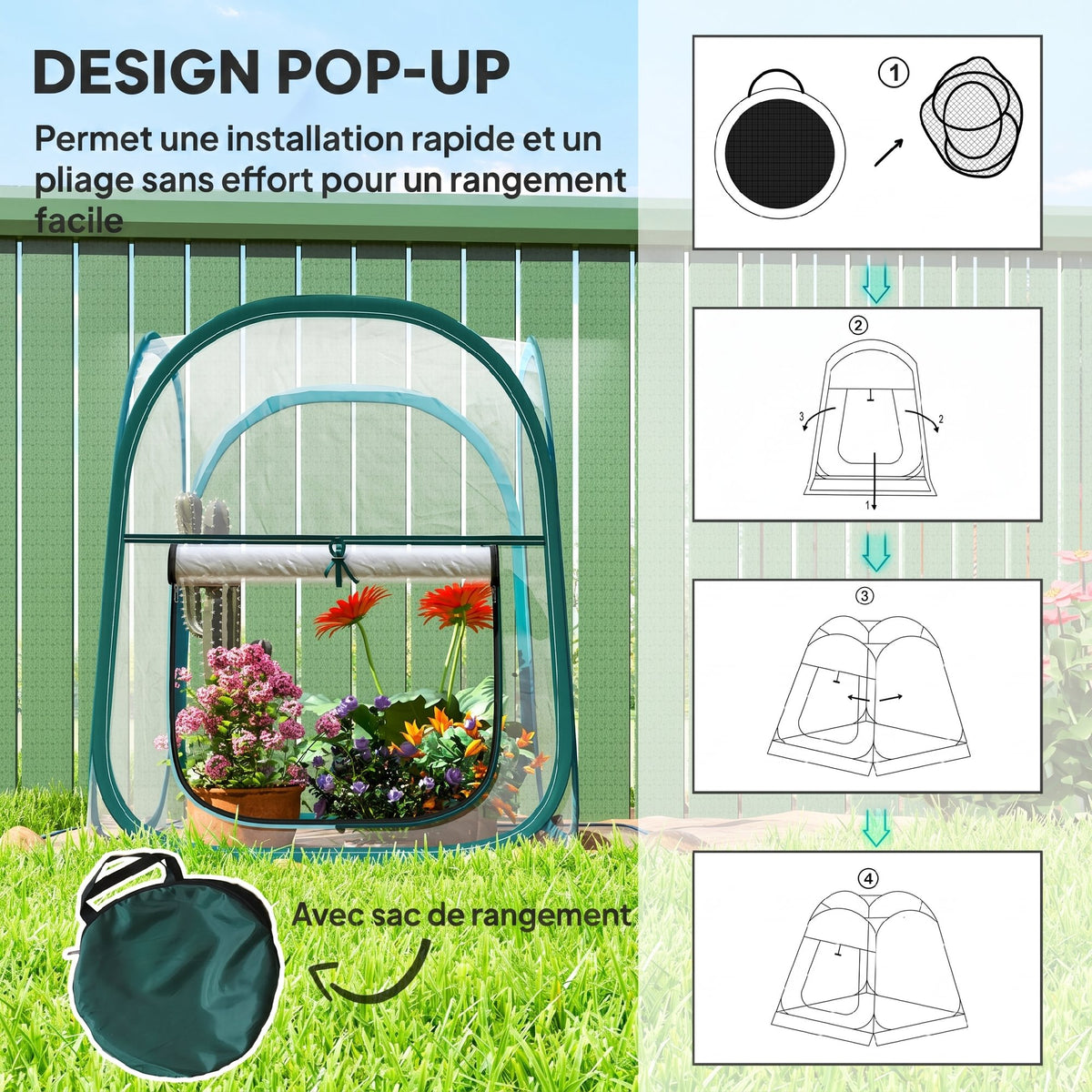 Mini serre de jardin, mini pop up serre en PVC transparent, pour intérieur ou extérieur, pour légume, 70 x 70 x 80 cm-3