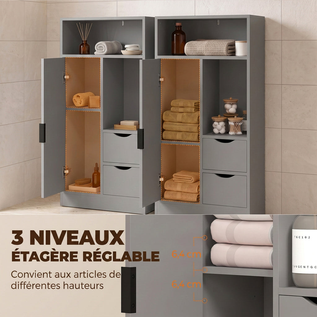 Meuble de salle de bain, meuble de rangement étroit avec 2 tiroirs, compartiments ouverts, 50x25x100cm, gris-4