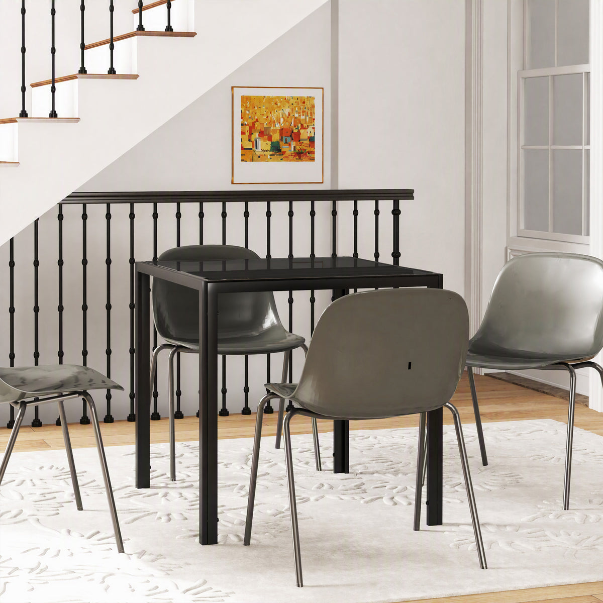 Table à manger pour 4 personnes, table de cuisine avec plateau en verre trempé et pieds en acier, 75 x 75 x 75 cm, noir-1