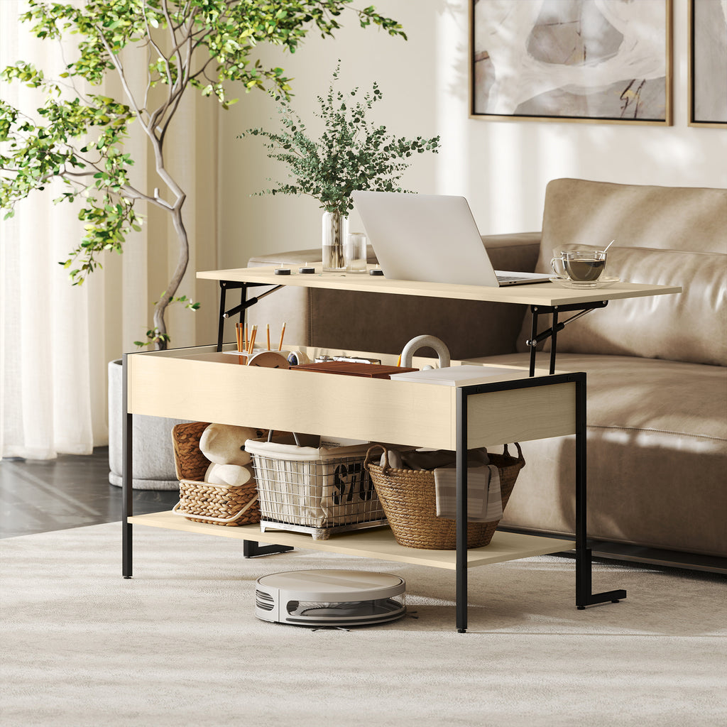 Table basse avec plateau relevable, table de salon avec compartiment caché et étagère ouverte, 95x40x59cm, bois naturel-1