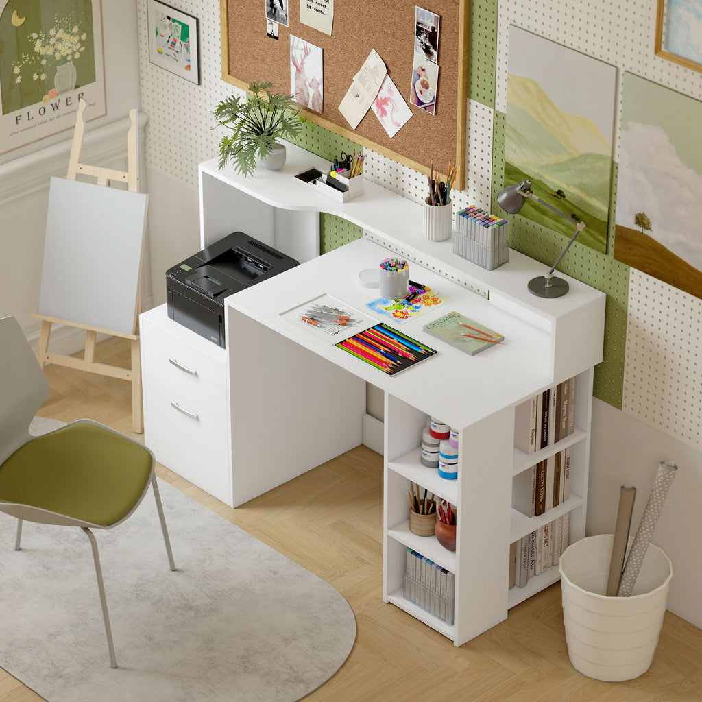 Bureau informatique, bureau avec rangement, 2 tiroirs, étagères ouvertes et tablette d'imprimante, 137x55x92cm, blanc-8