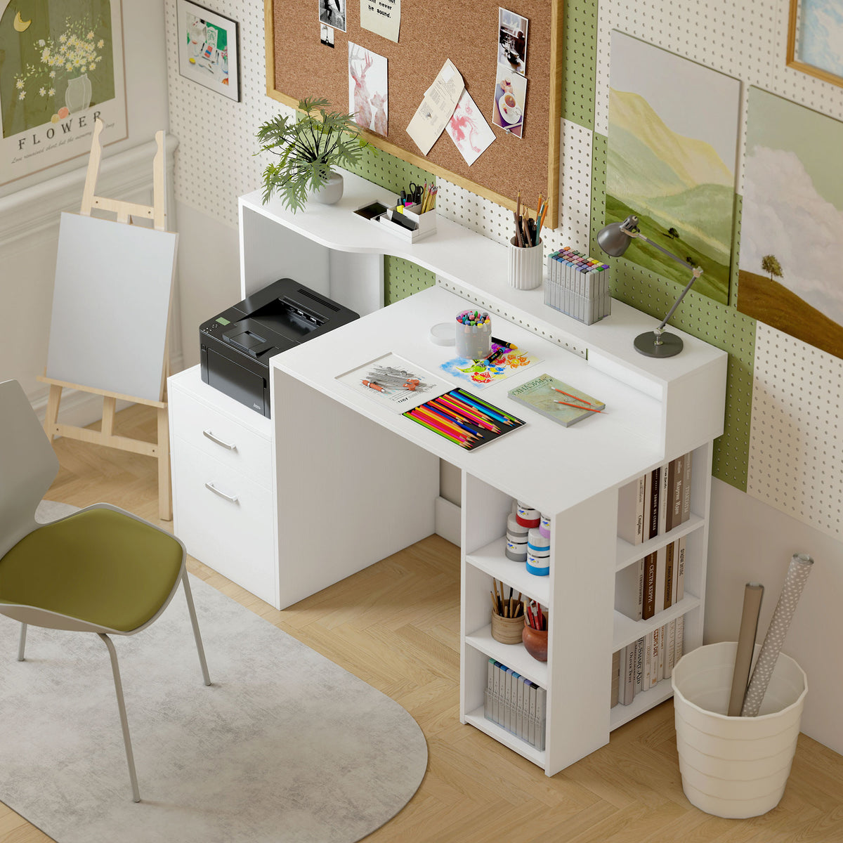 Bureau informatique, bureau avec rangement, 2 tiroirs, étagères ouvertes et tablette d'imprimante, 137x55x92cm, blanc-8