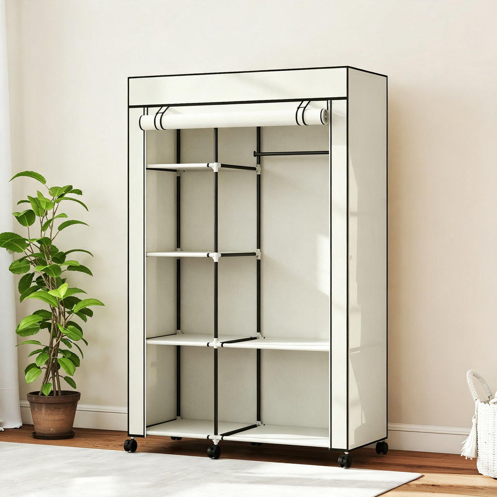 Armoire penderie en tissu meuble de rangement 6 roulettes tringle à vêtements et étagères ouvertes 103x43x162,5cm crème-1