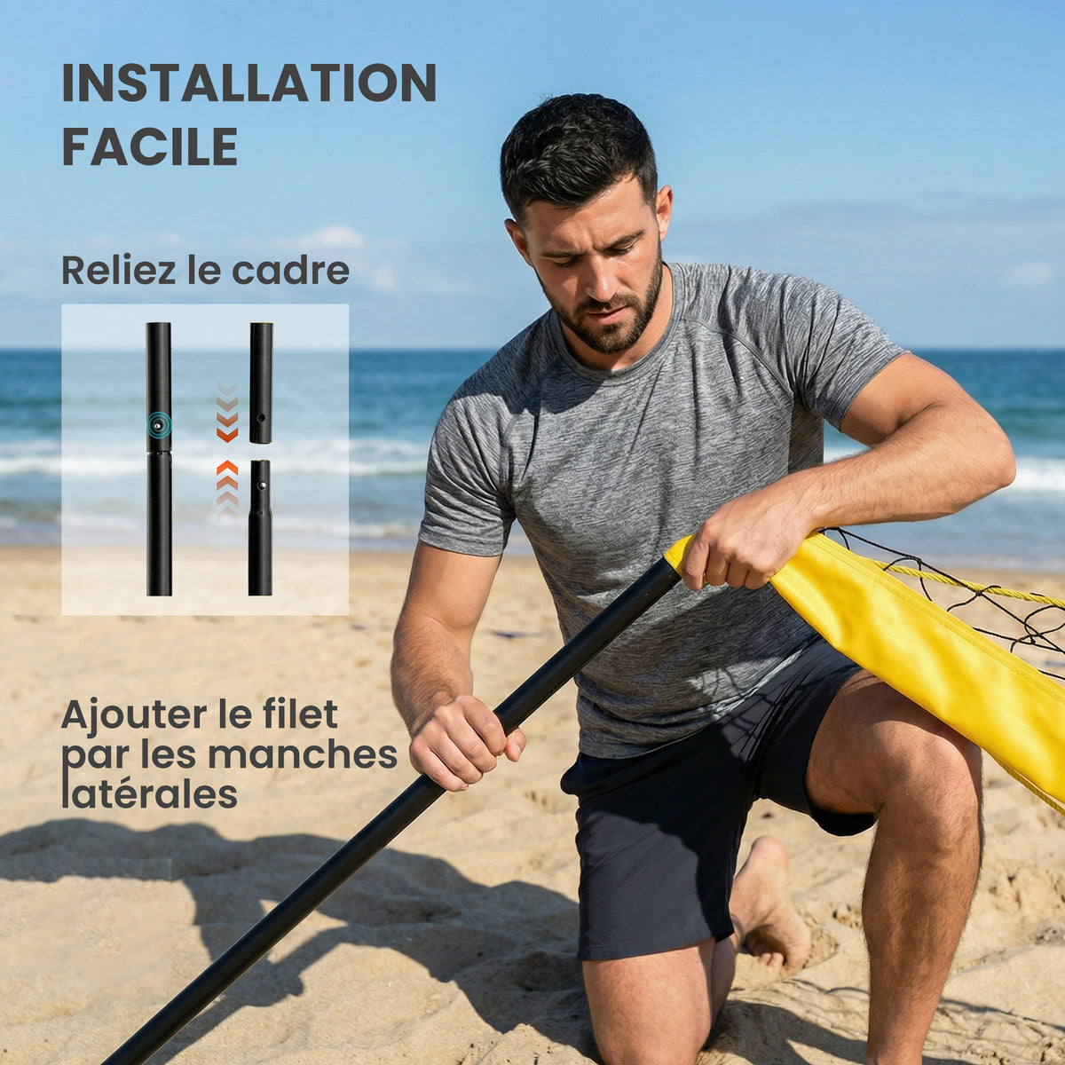 Ensemble de Volley-Ball et Badminton, Poteaux en Acier Hauteur Réglable, Sac de transport, pour Pelouse Plage Jardin-4