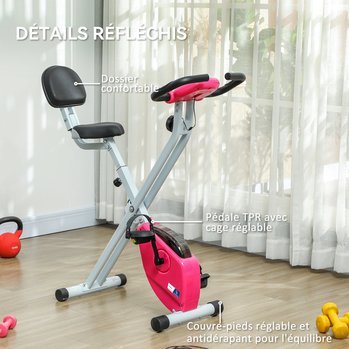 Vélo d'appartement pliable - 8 niveaux de résistance, selle et dossier réglables, rose