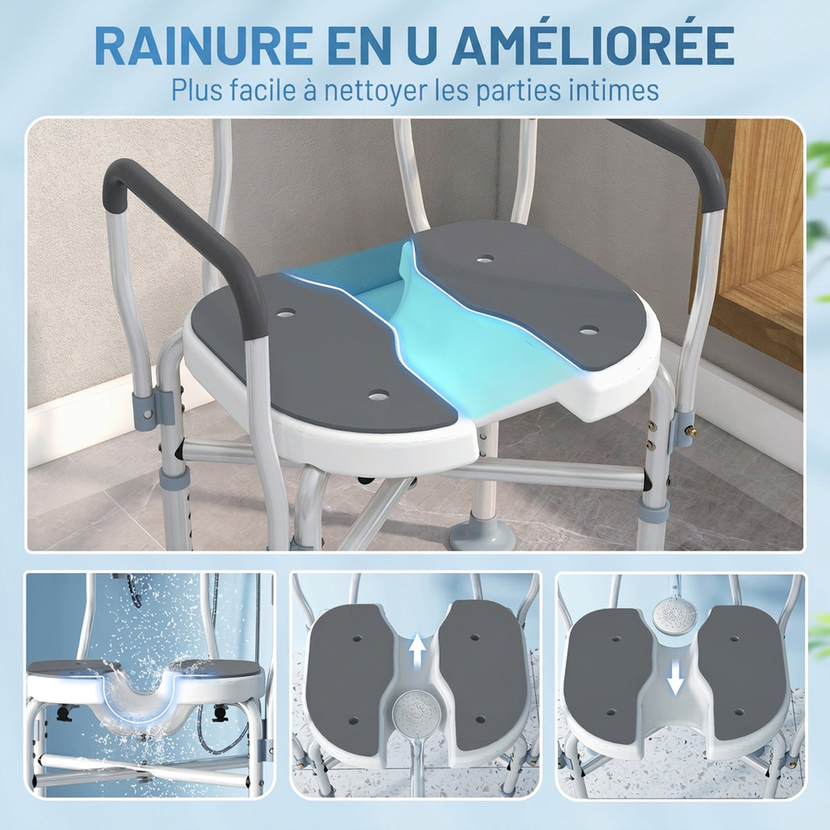 Tabouret de douche, tabouret de bain avec siège rembourrée en U amélioré et accoudoirs, hauteur réglable, gris-3