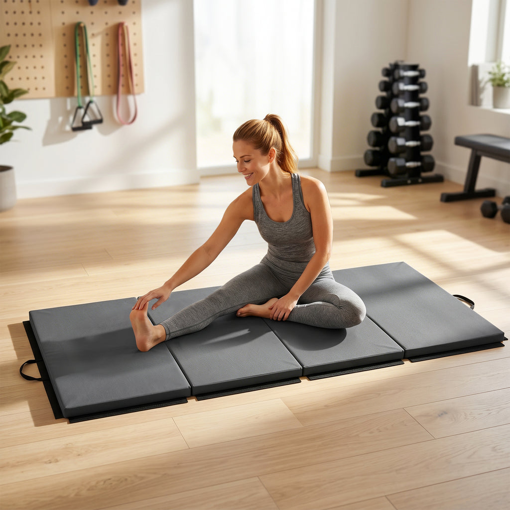 Tapis de gymnastique yoga pilates fitness pliable en 4 avec poignées revêtement synthétique 180 x 80 x 5 cm gris-6