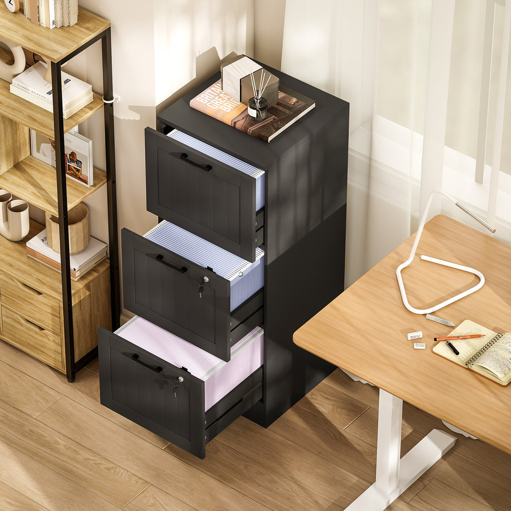 Caisson bureau, meuble rangement bois 3 tiroirs et serrure, barres de suspension réglables, 40 x 40 x 101 cm, noir-7