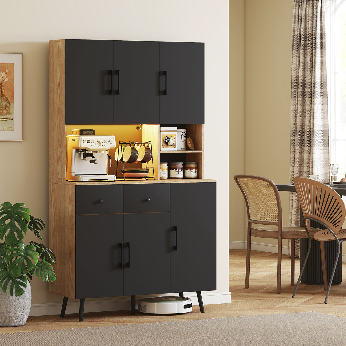 Buffet cuisine meuble cuisine rangement haut avec lumière LED RGB plan de travail 6 portes 2 tiroirs 100x40x176cm noir-1