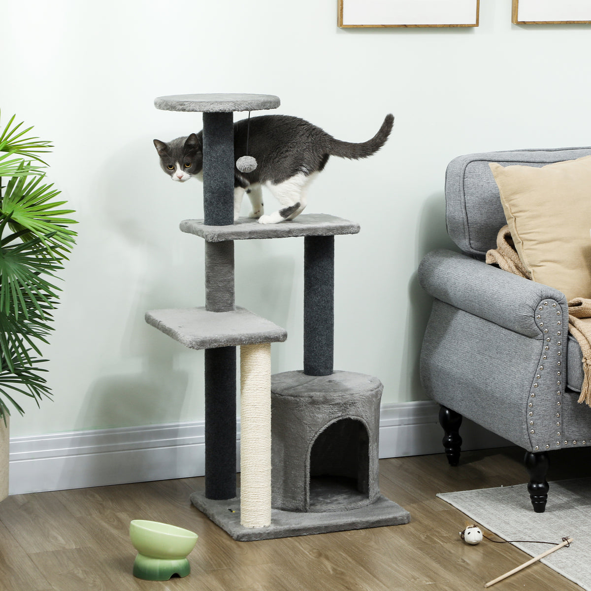 Arbre à Chat Hauteur 103 cm, Platesformes, Niche en Peluche, Balle en Peluche, Poteaux en Sisal, Base Renforcé, Gris-1