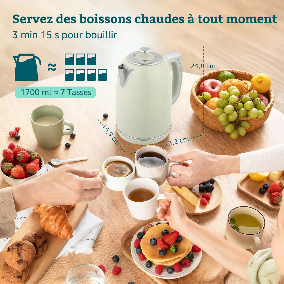 Ensemble bouilloire et grille-pain, bouilloire en acier inoxydable 1,7 L et 2200 W et grille-pain à 2 tranches, gris-2