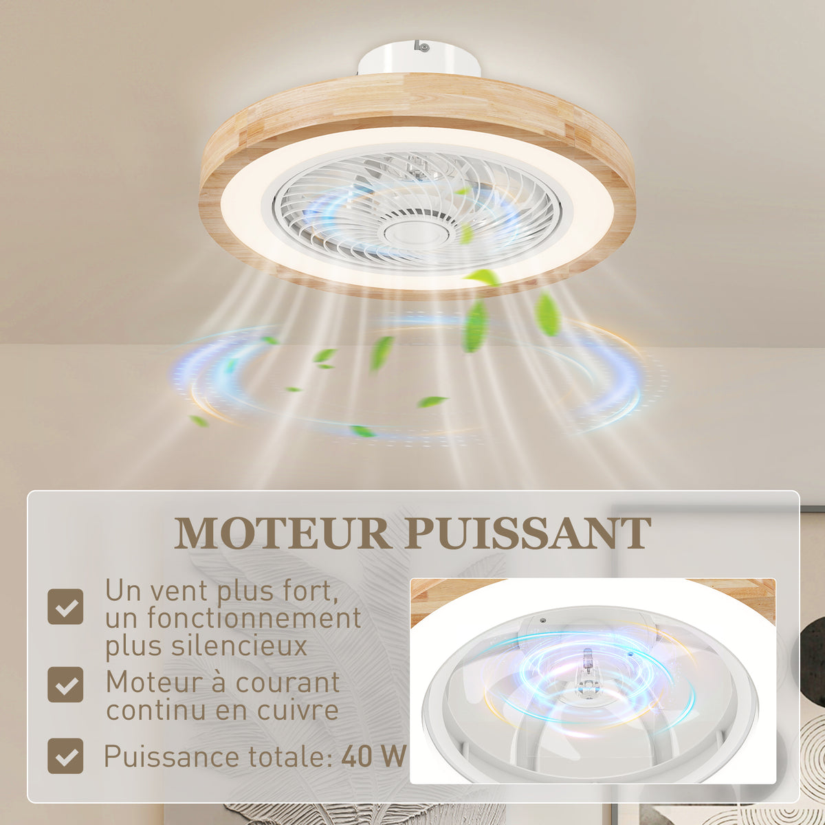 Ventilateur de plafond réversible avec lumière et télécommande 6 vitesses, minuterie, luminosité réglable, bois naturel-5