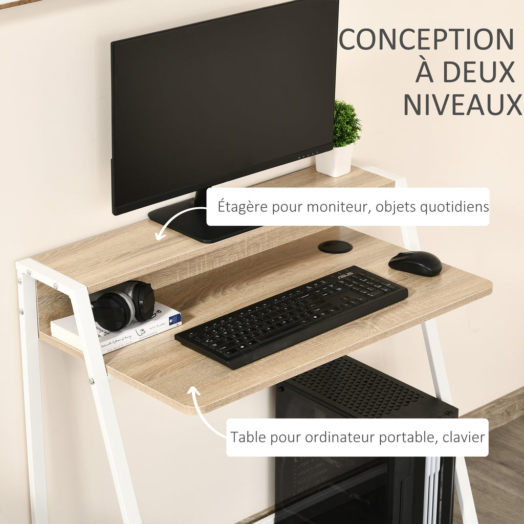 Bureau Informatique Table Ordinateur d'étude dim. 84L x 45l x 85H cm Style Simple en Bois chêne Clair Blanc-4