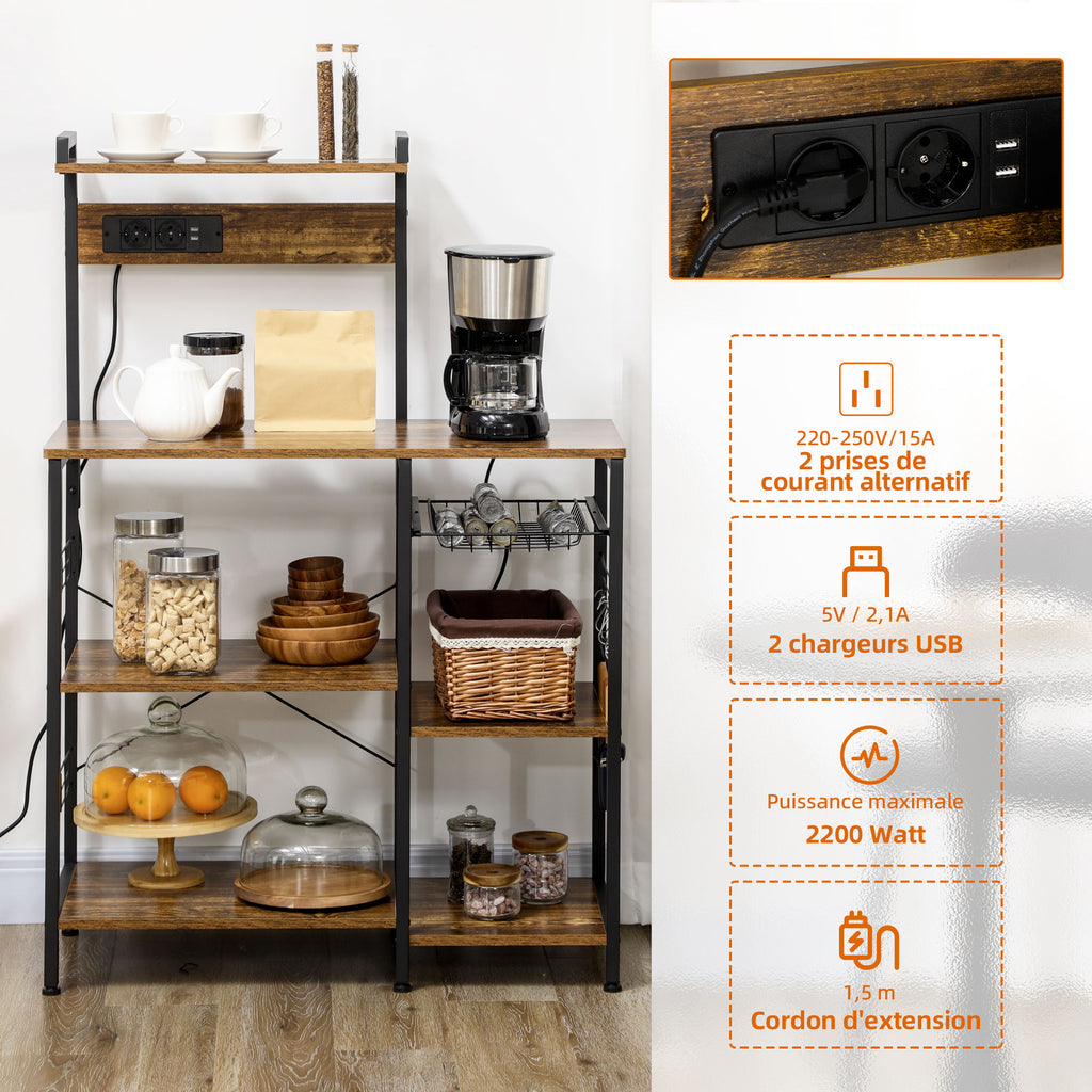 Meuble de cuisine avec prises intégrées pour micro-ondes avec étagères, style industriel, 90x42x130cm, marron-3