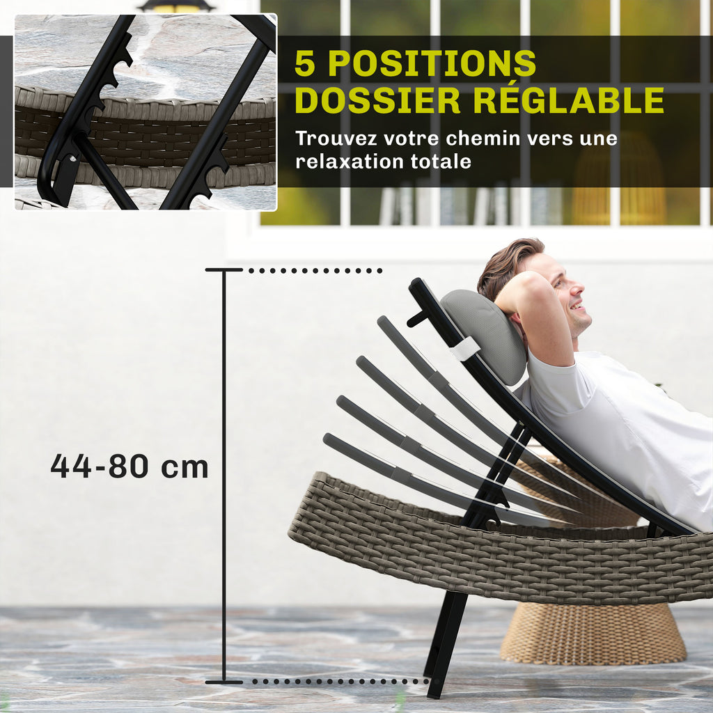 Chaise longue en résine tressé, bain de soleil avec dossier réglable 5 positions et appui-tête, 198 x 61 x 44 cm, gris-4